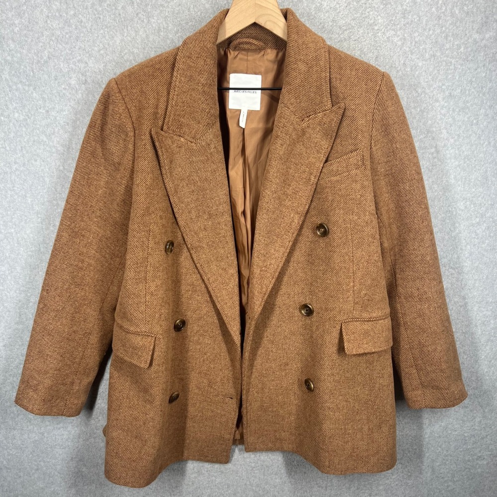 Avec Les Filles Double Breasted Blazer Jacket Women L Brown Wool Blend Tweed EUC